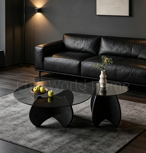 Ensemble <span class=keywords><strong>de</strong></span> table basse ronde en verre durable avec base en bois massif incurvée, table d'appoint moderne pour <span class=keywords><strong>salon</strong></span>, meubles <span class=keywords><strong>de</strong></span> maison - Product Image 3