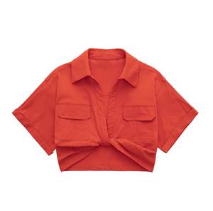 T-Shirt a maniche corte in cotone pieghettato comoda all'ingrosso 9779 tinta unita con spalline sottili da <span class=keywords><strong>donna</strong></span> <span class=keywords><strong>camicia</strong></span> a maniche corte con tasche - Product Image 4