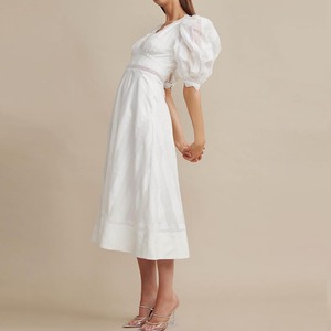 Custom Atacado OEM Senhoras Verão Elegante Moda Plain Color Lace Algodão V-neck Mulheres Casual Midi Vestidos - Product Image 2