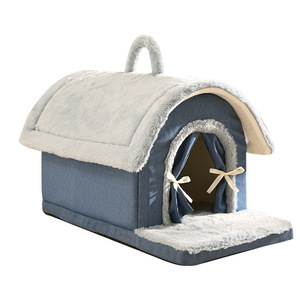 Semi-Enclosed Warm Pet <b>Bed</b> Faux Fur Rectangular Dog <b>House</b> With Handle For Winter Comfortable Sleeping - Product Image 5