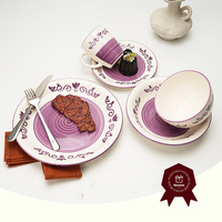 Ensemble de vaisselle rond violet 20pc en céramique avec motif floral ensemble de dîner en grès vente chaude ensembles de vaisselle pour les restaurants