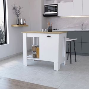 Carrito de cocina moderno de 1 puerta con Isla DB Vancouver, carrito de cocina con estante abierto de material de roble blanco y macadamia - Product Image 1