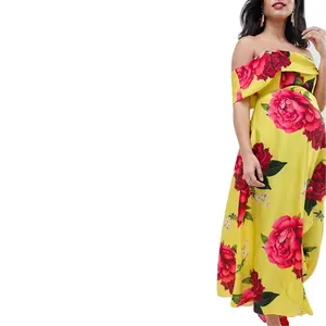 Fashion Bandeau Maternity Dress with Dipped Hem Floral Printed Off Shoulder Maxi Dress