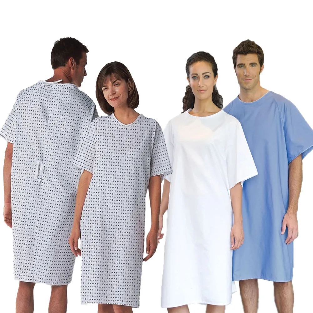 Robe d'hôpital en coton pour femmes, réutilisable, en coton, à pois, unisexe, uniforme de patient, vente en gros bon marché