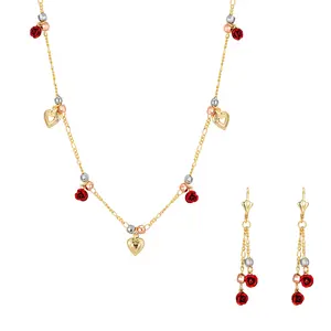 Elfic Elegante Rose Hart Kralen Ketting Lange Oorbellen Sieraden Set Voor Vrouwen Gold Filled 14K Joyeria Aretes De Largo hart Sieraden