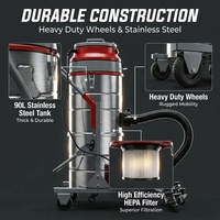 Aspiradora Industrial de 4500W, 90L, de Alta Resistencia, para Polvo Húmedo y Seco, para Fábrica/Taller, con Filtro HEPA y Agitador Manual
