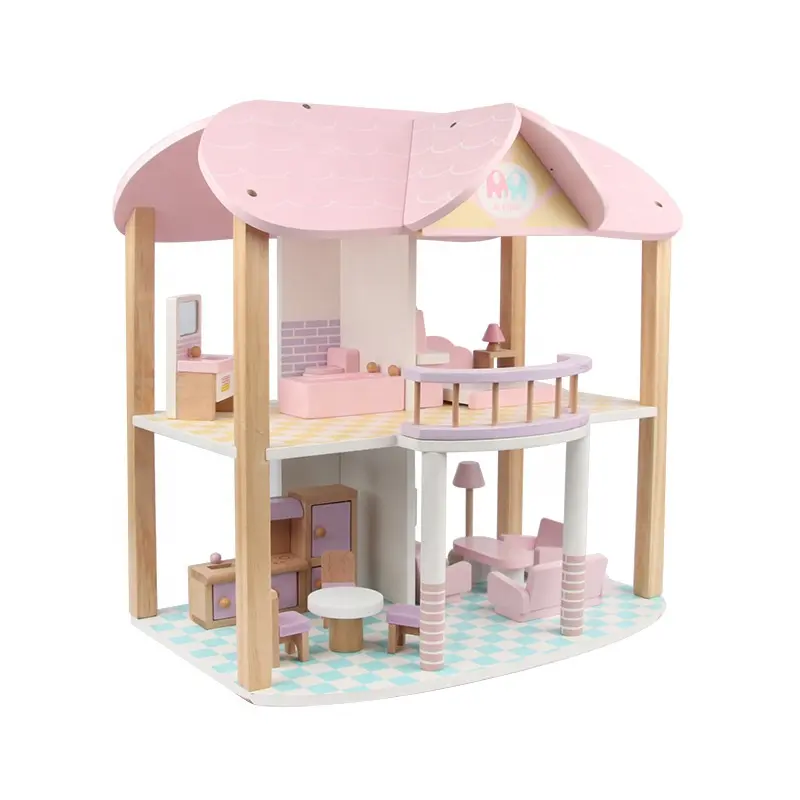 Wholesale Wooden children play house toy pink princess doll house cabin girl gift simulation castle villa wooden toy house