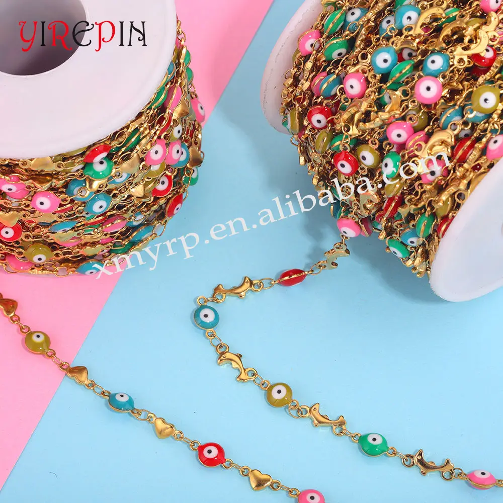 Hot Sale Stainless Steel Gold 6MM Turkish Eye Connect With Enamel Chains For Diy Jewelry Making Supplies