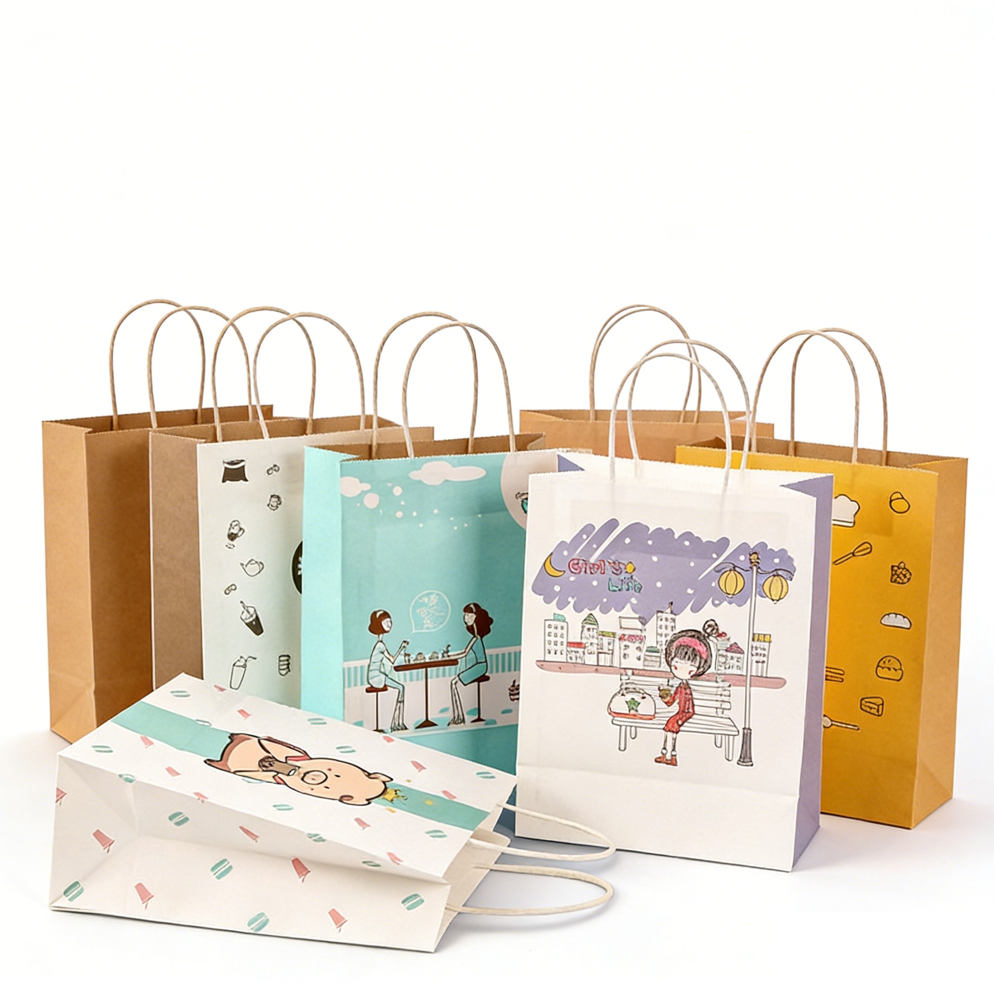 Colorful Printed Kraft Paper Bags Lightweight Foldable For Café Takeaways Birthday Party Favors With Customizable Designs