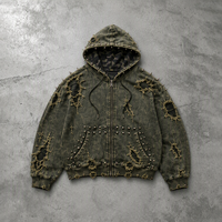 Sweat-shirt à capuche zippé vintage olive personnalisé pour homme avec poches cloutées et bordure à pointes, style streetwear OEM ODM