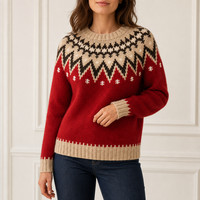 Pull en tricot Fair Isle personnalisé pour femme, col rond, rouge cerise, jaune beige, motif flocon de neige, fabrication OEM ODM