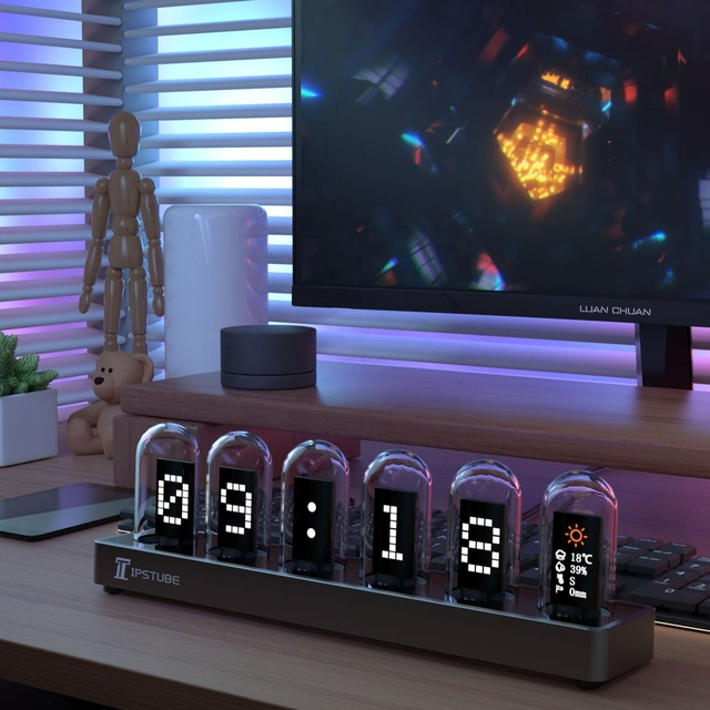 Lanxinda H401 Cyberpunk Style RGB Aluminum Alloy Nixie Tube IPS Computer Desktop Clock Ornament Steins;Gate 2700K Soft Warm