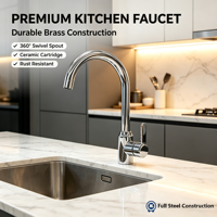 Keran Dapur Chrome Poles Berkilau, Air Panas Dingin, Putar 360°, Pancuran Tinggi, Pemasangan di Dek, dengan Cartridge Keramik