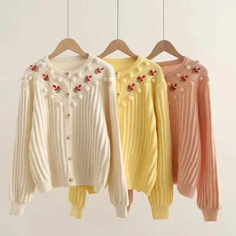 Cardigan Sweaters V-neck Cropped Street Long Sleeves Floral Flower Casual Decoration Women's Knitted Ladies Tops Short Standard