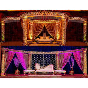 Merveilleux mariage doré Mandap Cum scène londres nouveau mariage en fibre sculptée dorée Mandap élégant mariage doré rond Mandap USA - Product Image 1
