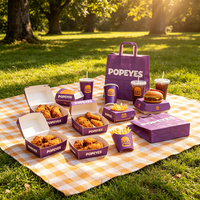 Emballage personnalisé pour la restauration rapide, boîte à hamburger en papier violet, conteneur pour ailes de poulet et ensemble de sacs à emporter
