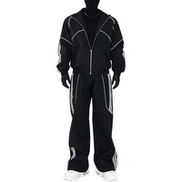 Ensemble de survêtement rayé noir pour homme, veste à col montant zippée et pantalon large avec passepoil blanc, 340g 100% coton, style punk, hiver