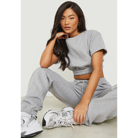 Ensemble de survêtement uni extensible à taille élastique et manches courtes pour femme, vente en gros