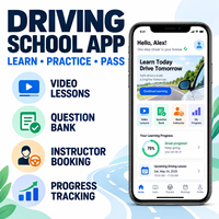 Développement d'applications de formation à la conduite pour écoles de conduite fiables pour iOS et Android avec leçons vidéo, banque de questions et réservation d'instructeurs