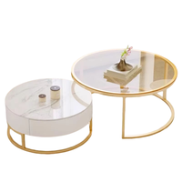Table basse ronde moderne, ensemble de 2 tables basses gigognes en marbre avec cadre doré et plateau en verre trempé pour salon