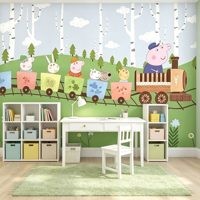 Papier peint mural sans couture pour chambre d'enfant, motif train de la forêt et dessins animés, pour tête de lit, chambre de garçons, salle de jeux de maternelle et éducation préscolaire