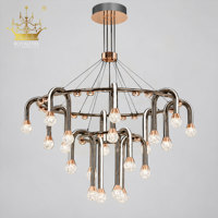 Lustre moderne de luxe en verre, boule de verre, métal rose doré, plusieurs anneaux, luminaire décoratif suspendu pour hôtel, bureau, restaurant, hall