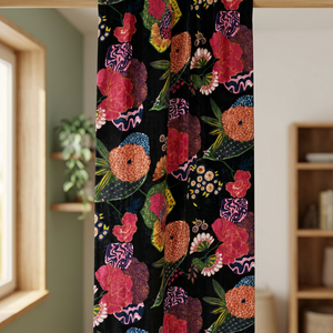 Vintage Style Cotton Velvet Curtain Black Fruit Print Boho Drapes Home Decor Luxury Cotton Velvet Style - Product Image 3
