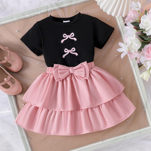 Conjunto de Verano para Niña Estilo Europeo y Americano, Camiseta de Algodón <span class=keywords><strong>con</strong></span> Estampado de Lazo y Manga Corta Negra y Vestido Tutú <span class=keywords><strong>con</strong></span> Volantes - Product Image 1