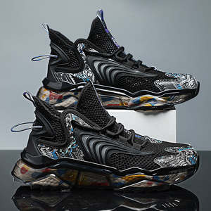 Zapatillas de Deporte de Caña Alta para Hombre con Estampado de Graffiti, Novedosas Zapatillas de Malla Gruesa de Estilo Urbano para Caminar - Product Image 4