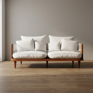 Midcentury Modern Two Seat <b>Sofa</b> With Wooden Frame And Fabric Cushions <b>Pillow</b> Back Design For Living Room - Product Image 2
