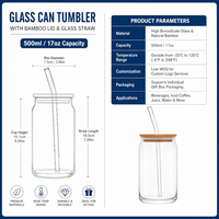 Vente en gros de gobelets en verre borosilicate de 17 oz en forme de canette de cola avec logo personnalisé, couvercle en bambou et paille pour boire du café, du lait ou du jus