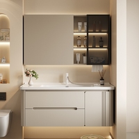Armoire de salle de bain intelligente intégrée avec miroir de bain en céramique style crème de style arc Combo-Lavabo de rangement pour toilettes