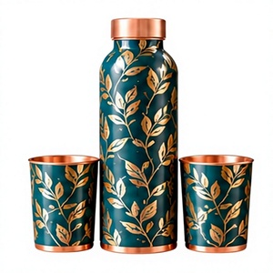 Luxury Copper <b>Water</b> <b>Bottle</b> Set with 2 Cups Teal Gold Floral Pattern <b>Metal</b> Flask Travel Drinkware - Product Image 1