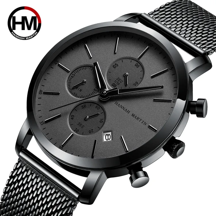 HANNAH MARTIN 1092 Simple Man Watches Black Stainless Steel Mesh Strap Custom Logo Men Watch