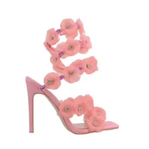 女式粉色花鞋时尚派对鞋闪亮粉色和黄色钻石搭配花朵高跟凉鞋