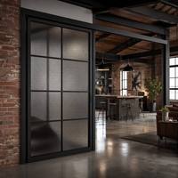 Porte coulissante en verre avec cadre en acier et treillis métallique industriel BOCHARM, cloison de bureau pour loft, sur mesure, usage commercial