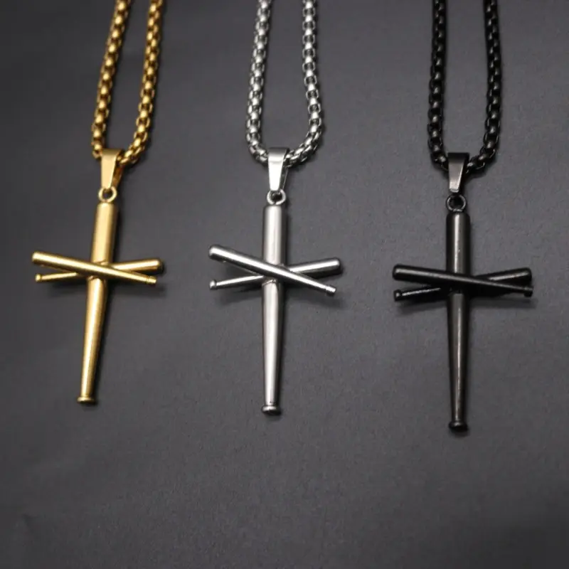 Collier pendentif croix en acier inoxydable pour homme, design personnalisé, mode sport, baseball, croix de chauve-souris
