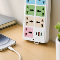 Regleta Universal IP44 de Latón de 10A con Carga Rápida USB Tipo-C PD, 6 Enchufes Multistándar, Protector contra Sobretensiones, Cable de Extensión para Viajes