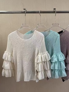 PY Summer New Arrival Vintage Eco-Friendly Casual Miyake Pleated <b>Top</b> Neck Ruffle Sleeve Plus Size Loose Blouse Bulk Clothing - Product Image 2