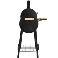 Barbecue à charbon de bois offset avec table d'appoint et chariot, en acier thermolaqué noir, doté de dispositifs de sécurité, pour camping en extérieur