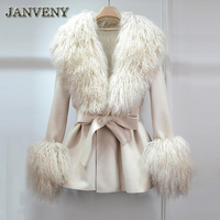 JANVENY Nouvelle Veste en Laine pour Femme avec Col et Poignets en Vraie Fourrure de Mouton de Mongolie, Manteau Trench en Cachemire Mi-Long Slim avec Ceinture pour l'Hiver