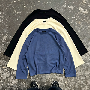 Felpa oversize da <span class=keywords><strong>uomo</strong></span> personalizzata di alta qualità, maglia <span class=keywords><strong>a</strong></span> maniche lunghe con collo rotondo in tessuto waffle <span class=keywords><strong>a</strong></span> tinta unita, t-shirt casual da <span class=keywords><strong>uomo</strong></span>. - Product Image 1
