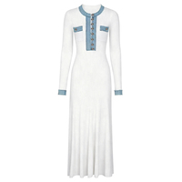 Robe longue élégante bleue en maille côtelée à manches longues boutonnée avec empiècements en jean pour femme