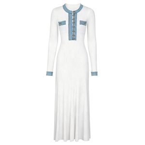 Elegante Abito Lungo Blu <span class=keywords><strong>in</strong></span> <span class=keywords><strong>Maglia</strong></span> a Costine con Bottoni e Maniche Lunghe, <span class=keywords><strong>Vestito</strong></span> Aderente da Donna con Inserti <span class=keywords><strong>in</strong></span> Denim - Product Image 3