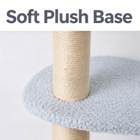 Arbre à chat moderne avec plateformes bleues, poteaux à gratter en sisal beige, boule suspendue, base souple et zone de repos multi-niveaux