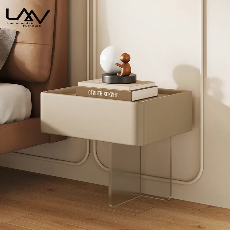 Modern Acrylic Pedestal Night Stand Bedroom Furniture Wood Frame Leather Bedside Table