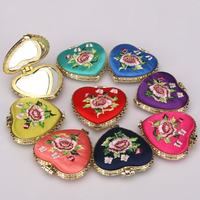 Miroir compact vintage en soie brodée de pivoines, miroir de poche double face portable, miroir cosmétique pour femmes, cadeau de maquillage