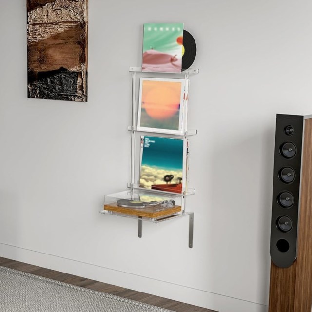 Wall Mounted Acrylic Record Player Stand Clear Floating Record Player Table with Vinyl Storage Modern