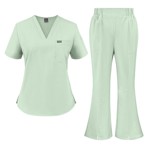 Wholesale Scrubs Set Nurse Uniform V Neck Pocket <b>Top</b> Flare Pants Soft Stretch Fabric Hospital Workwear for Clinic Staff - Product Image 1