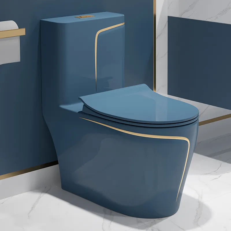 Hot Sale Sanitary Ware Bathroom Ceramic One Piece Siphon S Trap Wc Gold Line Blue Toilet